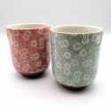 Duo de Tasses traditionnelle japonaise à thé, KIKU, vert et rouge chrysanthèmes