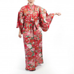 Japanischer traditioneller Yukata-Kimono aus roter Baumwolle mit Temari-Kugeln und Pfingstrosen für Frauen
