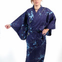 Kimono yukata tradizionale giapponese in cotone blu con fiori di uccelli e prugne per donna