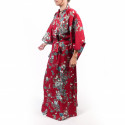 Kimono rosso tradizionale giapponese da donna con peonia e fiori di ciliegio
