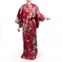 Kimono rosso tradizionale giapponese da donna con peonia e fiori di ciliegio