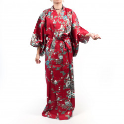 Japanischer traditioneller roter Kimono für Frauen mit Pfingstrose und Kirschblüte