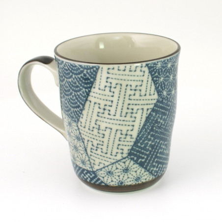 Japanese ceramic tea cup with handle, blue and white, patchwork pattern