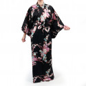 Kimono nero tradizionale giapponese in cotone satinato con motivo peonie e crisantemi da donna, KIMONO BOTAN TO KIKU