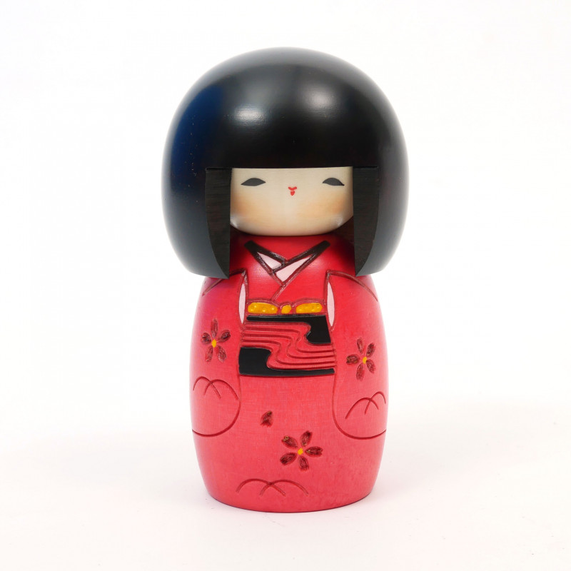 Japanische Kokeshi-Puppe mit jungem Mädchenmotiv in Rot, AKA OSANAGO