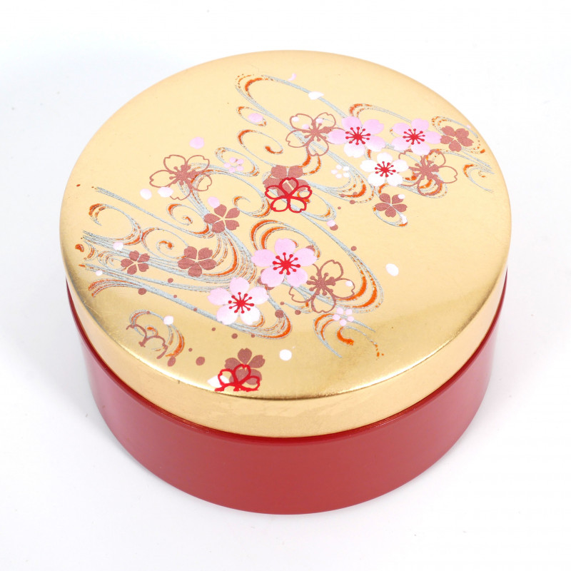 Red and gold Japanese jewelry box in resin with a cherry blossom river motif, SAKURAGAWA