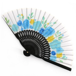 Japanese blue fan in polyester cotton and bamboo with floral pattern, HANA, 19.5cm