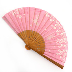 Rosa japanischer Fächer aus Polyester und Bambus mit Hasen- und Kirschblütenmuster, USAGI SAKURA, 19,5cm