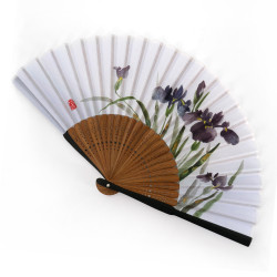 Éventail japonais bleu en polyester coton et bambou motif iris, SHOBU, 20,5cm