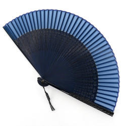 Japanischer blauer Seidenfächer mit Kunststoff verziert mit Wellen, SEIGAIHA, 22cm