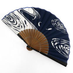 Éventail japonais bleu en coton et bambou motif poissons, SAKANA, 21cm