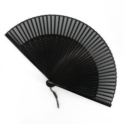 Japanischer schwarzer Seidenfächer mit Kunststoff verziert mit einem Karomuster, ICHIMATSU, 22cm