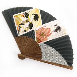Gray Japanese fan in paper and bamboo pattern Japanese prints Ukiyo-e, UTAMARO, 22.5cm