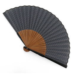 Japanese black fan in polyester cotton and bamboo with star pattern, ASANOHA, 22cm