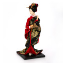 apanese traditional Oyama doll black and red kimono crane pattern, TSURU