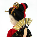 Muñeca Oyama tradicional japonesa con patrón de grúa kimono negro y rojo, TSURU