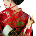 Muñeca Oyama tradicional japonesa patrón de kimono rojo y negro hojas y olas seigaiha, FUJIMUSUME