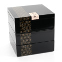 Japanese jyubako black lunch box with Japanese stars pattern in ribbon, ASANOHA, 15x15x15cm