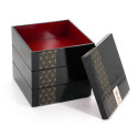 Japanese jyubako black lunch box with Japanese stars pattern in ribbon, ASANOHA, 15x15x15cm