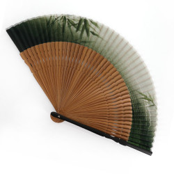 Japanischer grüner Fächer aus Polyester und Bambus, Bambusmuster, TAKE, 22cm