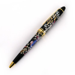 Japanese black ballpoint pen in box with Mont Fuji motif and cherry blossoms, SAKURAFUJI, 133mm
