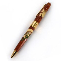 Bolígrafo japonés de madera en caja con motivo de dios del viento y relámpagos, FUJIN RAIJIN, 145mm