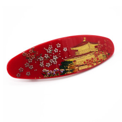 Japanese red hair clip in resin with golden temple pattern, KINKAKUJI, 10.5cm