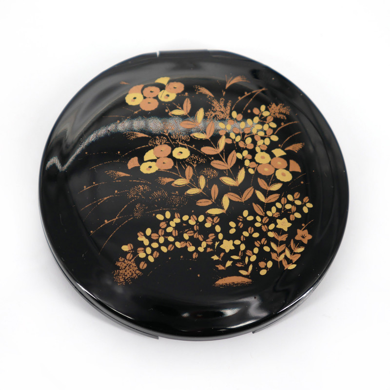 Espejo de bolsillo japonés redondo de resina negra con estampado de flores doradas, KINAKIKUSA, 7cm