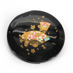 Japanese round black resin pocket mirror with flower fan pattern, SENMENSHUNJU, 7cm