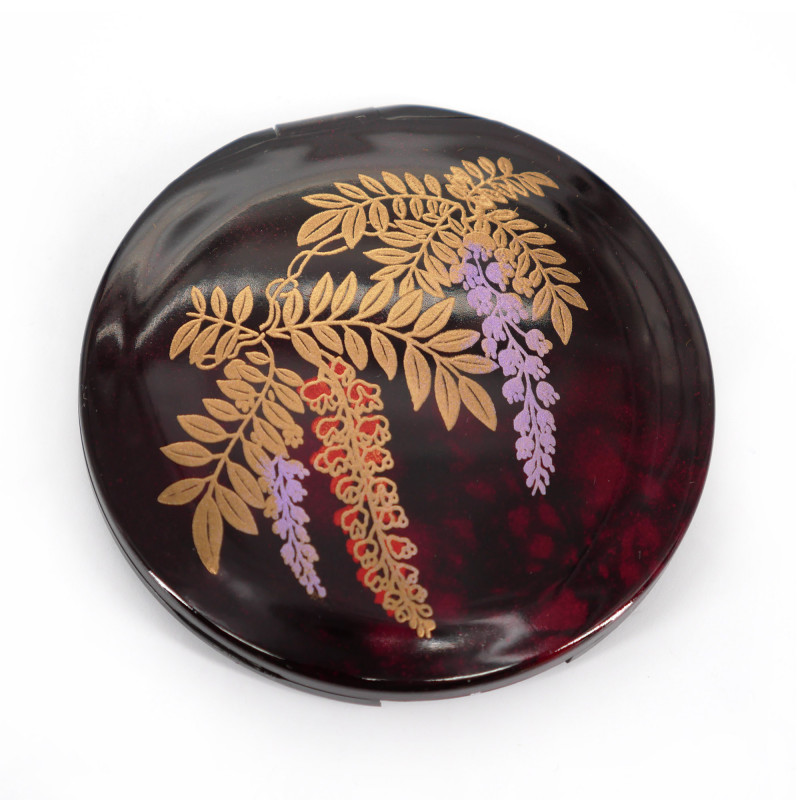 Japanese round black resin pocket mirror with wisteria motif, FUJI, 7cm