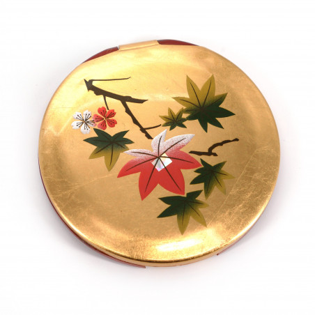 Japanese round golden pocket mirror in resin with sakura and momiji pattern, HANAICHIMONME, 7cm