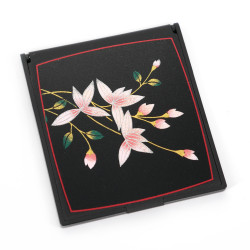 Miroir de poche japonais carré noir en résine motif orchidée, RAN, 8cm
