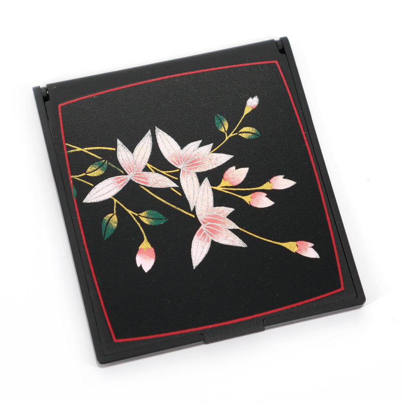 Japanischer schwarzer quadratischer Taschenspiegel aus Harz mit Orchideenmuster, RAN, 8cm