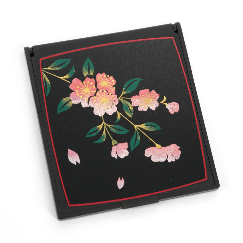 Japanese black square pocket mirror in cherry blossom pattern, EDSAKURA, 8cm