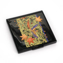 Miroir de poche japonais carré noir en résine motif oiseau et feuilles d'érable, SHUNJUTORI, 7cm