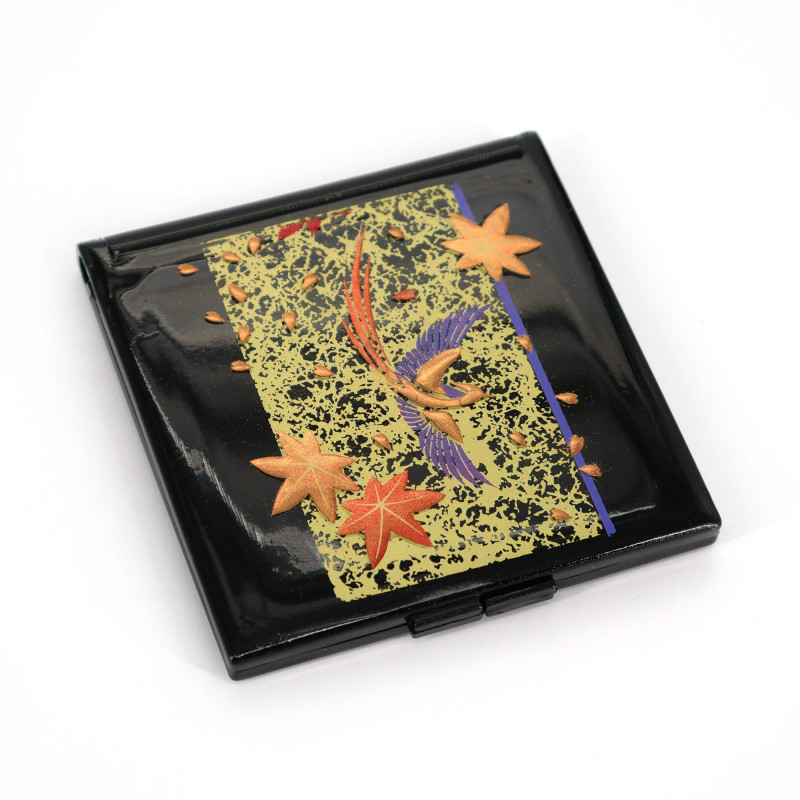 Specchio tascabile quadrato nero giapponese in resina con uccello e foglie d'acero, SHUNJUTORI, 7cm