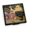 Japanese black square pocket mirror in resin with geisha and temple pattern, MAIKO, 7cm