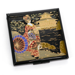 Miroir de poche japonais carré noir en résine motif geisha et temple, MAIKO, 7cm