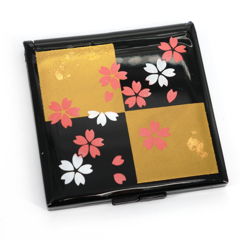 Espejo de bolsillo japonés cuadrado negro de resina con patrón de cuadros negros y dorados y flores de cerezo, SAKURA, 7cm
