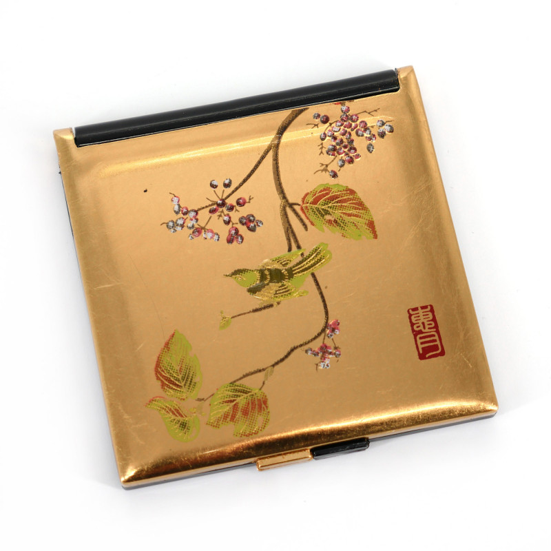 Japanischer goldener quadratischer Taschenspiegel aus Harz mit Vogelmotiv auf einem Ast, HAOTOMUSUBI, 7cm