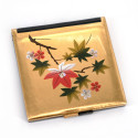 Miroir de poche japonais carré doré en résine motif fleurs de cerisier et feuilles d'érable, HANAICHIMONME, 7cm