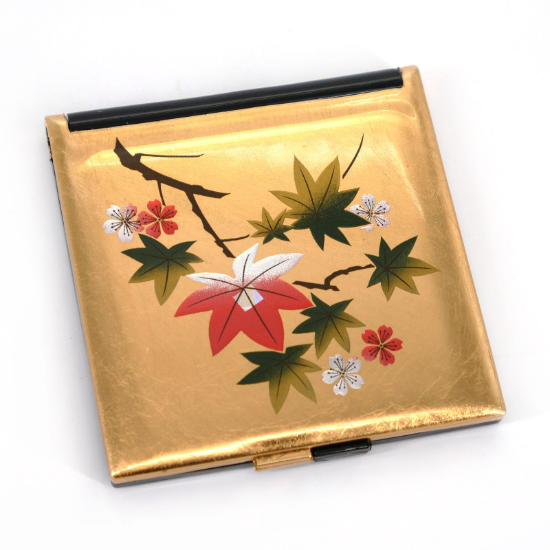 Japanischer goldener quadratischer Taschenspiegel aus Harz mit Kirschblüten- und Ahornblattmuster, HANAICHIMONME, 7cm