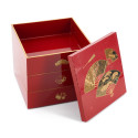 Japanese red jyubako lunch box with bamboo pine and plum tree pattern, KENROKU, 15x15x15cm