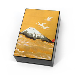 Boîte de rangement japonaise noire en résine motif grues et mont Fuji sous le ciel doré, SHINSHUDAIIPPO, 11x7.5cm