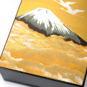 Scatola portaoggetti giapponese in resina nera con gru e Monte Fuji sotto il cielo dorato, SHINSHUDAIIPPO, 11x7.5cm