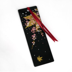 Japanese black resin bookmark with cherry blossom and maple leaves pattern, YOSHINO, 12cm