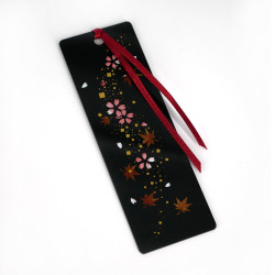 Japanese black resin bookmark with cherry blossom and maple leaves pattern, SHUNJU, 12cm