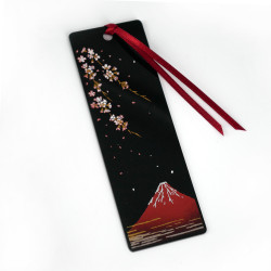 Japanese black resin bookmark with cherry blossom and mount fuji pattern, FUJI NI SAKURA, 12cm