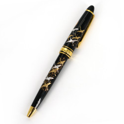 Bolígrafo japonés de resina negra en caja japonesa con patrón de luna y grullas, TSUKI NI TSURU, 130 mm