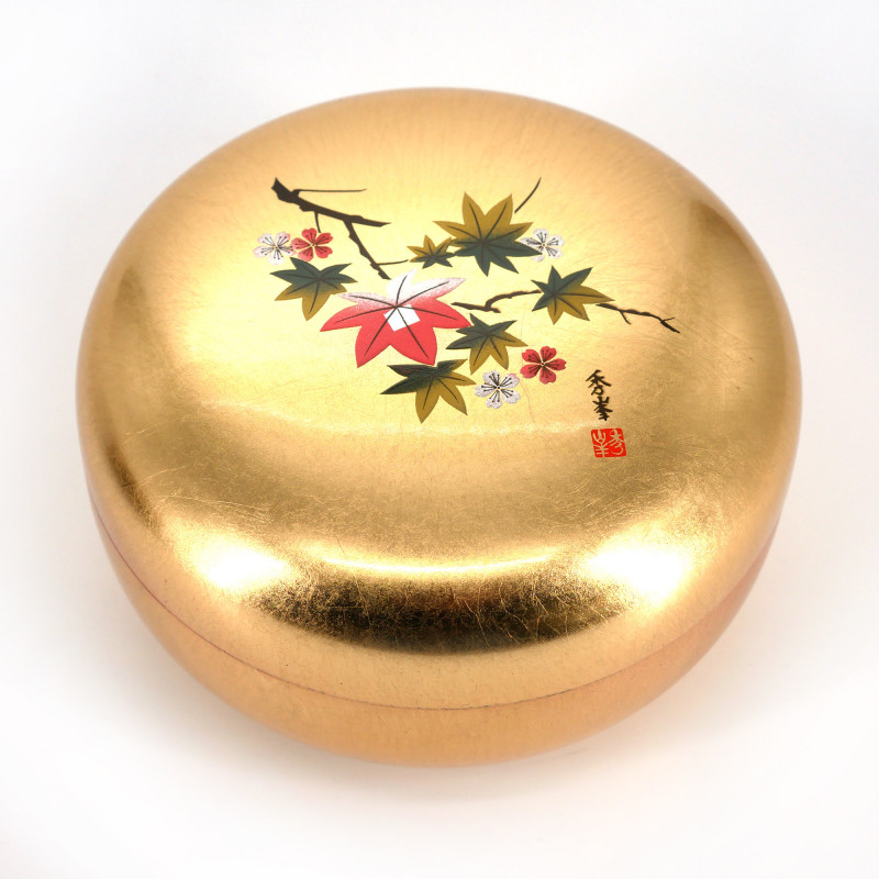 Scatola portaoggetti rotonda giapponese in resina dorata con motivo a fiori di ciliegio e foglie d'acero, HANAICHIMONME, 12 cm